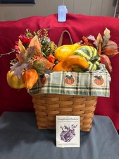 Longaberger 1991 Tall Key Basket Pumpkin Liner Protector Handles Fall Decor picture