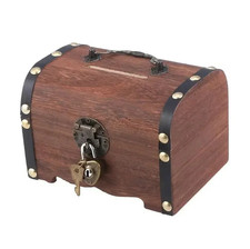 1pc Vintage Wooden Treasure Chest Piggy Bank Box with Lock Home Decoration - NEW picture