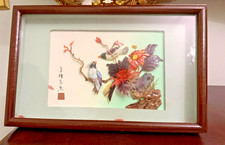 Vintage 1970s  Framed Artwork depicting Asian Birds and Flowers mother of pearls picture