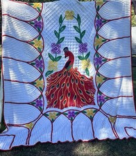 Vtg 50s Red Peacock Chenille Bedspread Floral Shabby Cottagecore picture