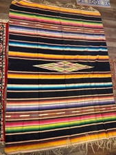 Vintage Mexican Stripe Serape Blanket Saltillo Style Woven Throw Fringe 89”x66” picture