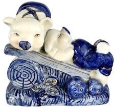 Porcelain Blue White Pig Overall Hand Painted Farmhouse Kitch Anthropomorphic picture