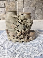 Vintage Carved SoapStone Double Table Vase Bird Floral Carvings Asian 7 x 6.5 picture