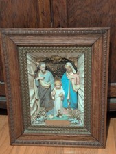 Antique 1800s Pope Pius VII Holy Family Wood Shadow Box Jesus Joseph Mary  picture