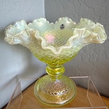Fenton Topaz Opalescent Diamond Lace Compote Limited Vintage Uranium Glass Mint picture