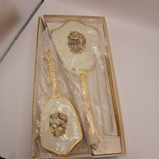 Vintage 3 Piece Vanity Set In Original Box Mirror Brush Comb 24k Plated Gold picture
