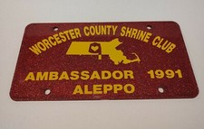 Shriners Worcester County Shrine Club Ambassador 1991 Aleppo License Plate MASS picture