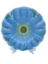 MCM Mid Century Modern HIGGINS Signed Blue Green Flower Bowl Fused Art Glass 7” picture