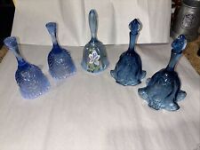 Lot Of (5)  Blue Vintage Fenton Bells 1 Iris, 2 Crimped, 2 Feather Design. B-118 picture