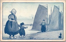 1912 WALK-OVER SHOES Ad Postcard Dutch Boy Waving Bye to Dad - KATHERINE BROWNE picture