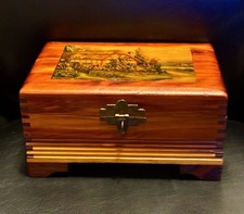 Vintage Cedar Wood Keepsake Jewelry Box Footed Cottage Decoupage Scene Latch picture