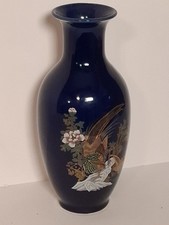 Vintage Blue Oriental Porcelain Vase With Birds Flowers  11 Inches Tall picture