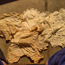 Lot Vintage Lace Trim Handkerchiefs & Crocheted Doilies Pieces White Beige picture