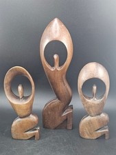Vintage Mid Century Modernist Abstract Wood Carved Figure Trio Sculptures Art picture