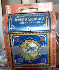 ANTIQUE, MERCHANTS MILLS JEWETT & SHERMAN CO. COUNTER COUNTRY GROCERY STORE TIN picture