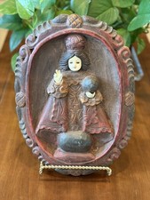 Vintage Hand Carved Wood Santo Nino de Cebu Christ Child Rellebe Plaque Art 12” picture