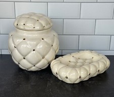 Vtg Arnels Puffy Quilted Gold Dot Porcelain Soap Dish and Large Covered Jar picture