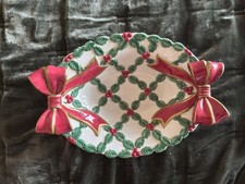 Fitz Floyd Santa's List Cranberry Server Bowl with Red Bows and Holly picture