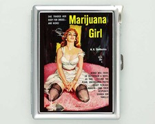 MARIJUANA GIRL PIN UP CIGARETTE CASE LIGHTER SILVER METAL WALLET VINTAGE POSTER picture