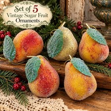 Vintage Sugared Fruit Christmas Ornaments Set 5 – Retro Beaded Pears 1960's 70's picture