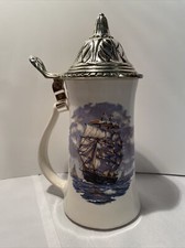 Nelson McCoy Pottery Clipper Ship Beer Stein Pewter Lidded 9” Tall  Nice picture
