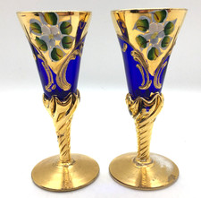 2 VTG Italian Murano Venetian Cobalt Blue 24 KT Gold Cordials Glass Hand Painted picture