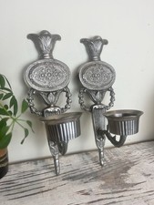 Vintage Two Toned Pair Of Pewter Hollywood Regency Candle Wall Sconce 13” x 6” picture
