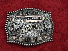 X~Treme Bulldogging☆1986☆RODEO CHAMPION TROPHY BUCKLE☆Ponca City Ok☆Rare☆138 picture