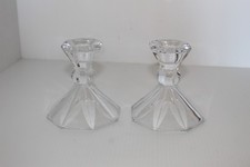 Vintage Clear Glass Taper Candle Holders Paneled Octagonal Flared Base Pair picture