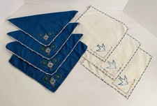 7 Vintage Blue And White Embroidered Linen Napkins Floral & Blue Birds picture