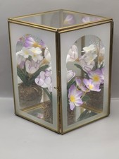Vintage Brass Glass Display Case Shadow Box Curio Cabinet Faux Flowers 7x6.5x5 picture