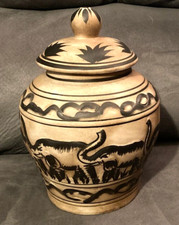 VTG CIBOURE STYLE Ceramic Ginger Jar/Urn/Vase &Lid-ELEPHANT HERD w/Trunks Up-EUC picture
