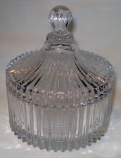 Vintage Qianli Lead Crystal Clear Glass Pleated Ridged Candy Dish Vanity Jar Lid picture