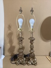 Pair Vintage Italian Faux GILT Carved Wood Pricket Table Lamps WORKING 27” picture