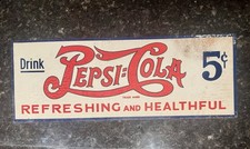 Vintage Double Dot Pepsi Cola Tin Tacker Sign 1930 Drink Pepsi 5¢ Refreshing picture