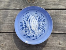 Vintage Porcelain Blue Praying Hands Plate Floral Gold Color Trim - About 8.25
