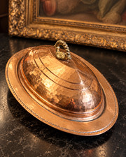 Vintage Hammered Copper Covered Serving Dish Tin Lined Oval Platter Bird Finial picture