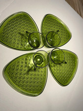 Vintage Indiana Glass Daisy Button Avocado Green Snack Set 8 Pc Original Box MCM picture