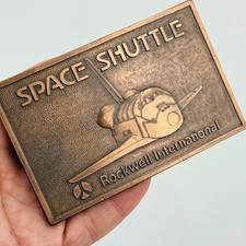 Vtg Rockwell International Space Shuttle Belt Buckle Rocket Aviation Astronaut picture