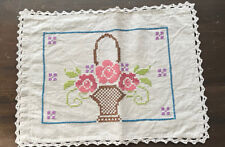 Vintage Hand Stitched Pillow Cover Crocheted Edges Floral Basket 17” x 13