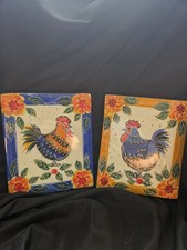 Vintage 2001 Julie Ueland Enesco Rooster Ceramic Trivets Wall Plaques Set of 2 picture