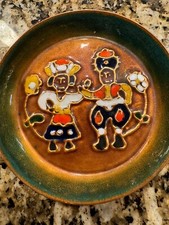 Vtg Greek Moissiadis Folk Art Enamel Trinket Dish Copper Bowl 5-1/8” picture