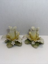 Vintage Pair of Capodimonte Porcelain Yellow Green Rose Candle Holders Italy picture