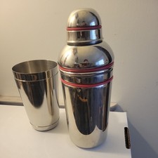 Vintage MCM Stainless Cocktail Shaker - Red Rings - Oneida picture
