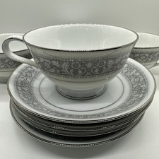 Set Of 4 Tea Cups & 4 Saucers Noritake Naples #6975 Grey Floral Scroll Japan picture