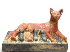 Unique Red Egyptian Bastet Cat Statue: Nursing Kittens picture