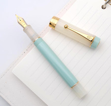 Jinhao 100 Fountain Pen, Acrylic Resin, Extra Fine Nib, Aqua & Ivory, Gold Trim picture