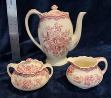 Vintage Crown Ducal BRISTOL Red Pink Transferware Coffee Pot Sugar Bowl Creamer picture