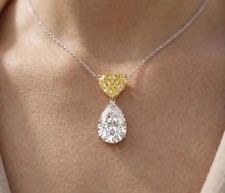 Yellow Heart & Pear Diamond Drop Pendant In 14K White Gold Plated Necklace 18