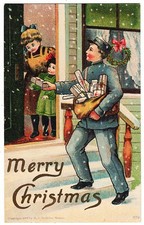 Postman Delivering Christmas Gifts mailed 1908 H I Robbins antique Christmas pc picture